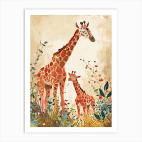 Mother Giraffe & Calf Colourful Illustration 2 Art Print