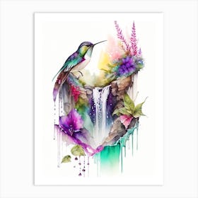 Hummingbird And Waterfall Cute Neon Art Print