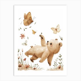 Sloth Bear Cub Chasing After A Butterfly Storybook Illustration 2 Art Print