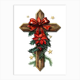 Christmas Cross With Poinsettia Art Print