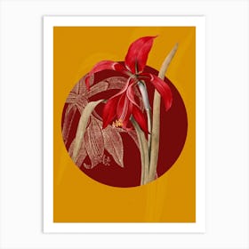 Vintage Botanical Amaryllis on Circle Red on Yellow Art Print