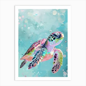 Pastel Sea Turtle In The Ocean With Bubbles 1 Art Print