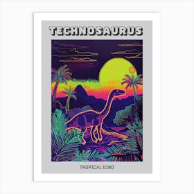 Neon Dinosaur With Palm Trees In A Jurassic Landscape Poster Art Print