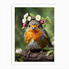 Robin In Flower Crown Art Print