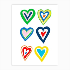 six colourful love hearts Art Print