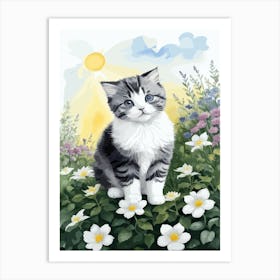 Cute Kitten And Flowers Watercolor 3 Art Print