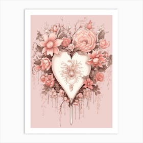 Floral Vintage Sepia Blush Pink Heart 3 Art Print