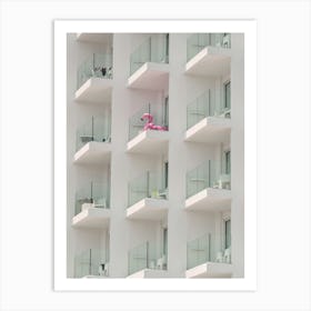 Pink Flamingo On Balcony Of Hotel Art Print