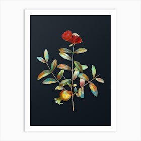 Vintage Pomegranate Branch Botanical Watercolor Illustration on Dark Teal Blue n.0495 Art Print