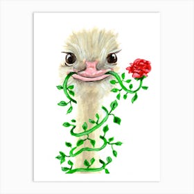 Ostrich With Flower Art Print
