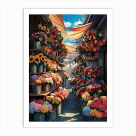 Lofi Anime Art: Vibrant urban flower stall overflowing with colorful bouquets in a bustling market. Perfect for cheerful and lively vibes. Art Print