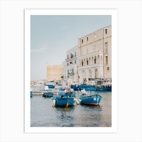Blue Fishing Boats In The Harbor of Monopoli, Puglia in Italy - travel photography 1 Art Print