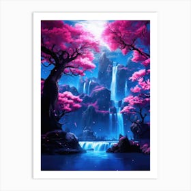 Cherry Blossom Asian Landscape Waterfalls Art Print