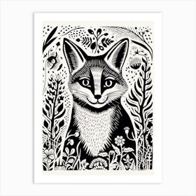 Fox In The Forest Linocut White Illustration 1 Art Print
