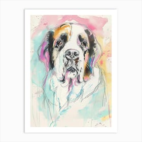 St Bernard Dog Pastel Line Watercolour Illustration  4 Art Print