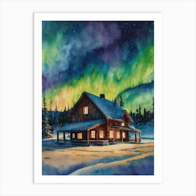 The Northern Lights - Aurora Borealis Rainbow Winter Snow Scene of Lapland Iceland Finland Norway Sweden Forest Lake Watercolor Beautiful Celestial Artwork for Home Gallery Wall Magical Etheral Dreamy Traditional Christmas Greeting Card Painting of Heavenly Fairylights 2 Art Print