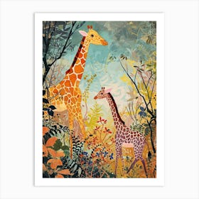 Giraffe In The Leaves Colourful Pattern 3 Art Print