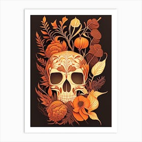 Skull With Intricate Linework 1 Orange Botanical Art Print