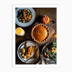 A Thanksgiving Feast Laid Out On A Rustic Wooden Table Is The Centerpiece Of An Epicurean Visual S (1) 1 Art Print