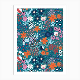 Happy Cats Hiding in the Flower Field - Red, Pink, Navy on Teal Kids Art Print