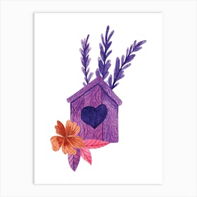 Watercolor Birdhouse with lavender flowers Art Print