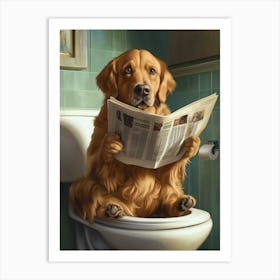 Golden Retriever Dog Sitting On An Open Toilet Reading A Newspaper Art Print