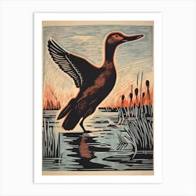 Vintage Bird Linocut Canvasback 2 Art Print