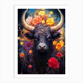 Highland Cow With Flowers Art Print