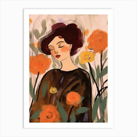 Woman With Autumnal Flowers Rose 3 Art Print