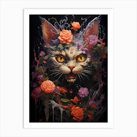 Cat With Roses Art Print