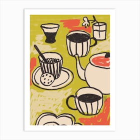 Breakfast poster, Coffee abstract retro print, Fun kitchen decor, Green olive beige Art Print