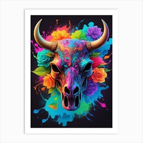 Floral Bull Skull Neon Iridescent Painting (20) Art Print