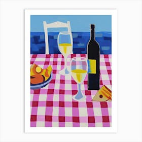 Painting Of A Table With Food And Wine, French Riviera View, Checkered Cloth, Matisse Style 10 Art Print
