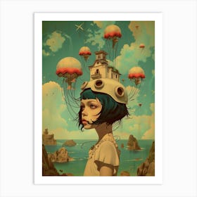 Retro Futurist Kid with flying jellyfish Art Print