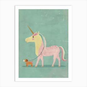 Pastel Storybook Style Unicorn Walking A Dog 2 Art Print