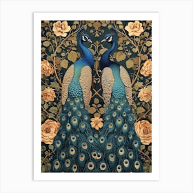 Two Peacocks Floral Wallpaper 1 Art Print
