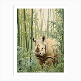 Vintage Illustration Of A Rhino Walking Through The Leaves 4 Art Print