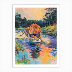 Transvaal Lion Crossing A River Fauvist Painting 2 Art Print