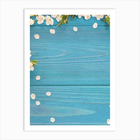 Blue Wooden Background With White Flowers Art Print