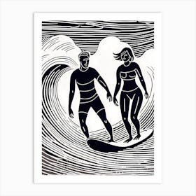A Couple Surfing Linocut inspired Black And White Painting , surfing art, surf 214 Art Print