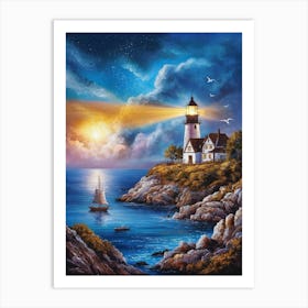 Lighthouse At Night 2 Art Print