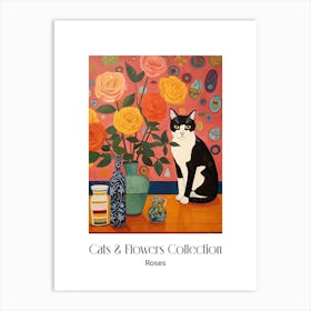 Cats & Flowers Collection Rose Flower Vase And A Cat, A Painting In The Style Of Matisse 10 Art Print