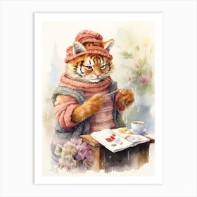 Tiger Illustration Knitting Watercolour 4 Art Print