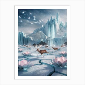 The Polar Enigma: A Surreal Escape Ice Landscape With Deer Art Print