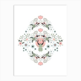 Rhinoceros Beetle, Pink And Khaki Version On White Background Art Print