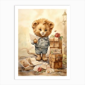 Collecting Stamps Watercolour Lion Art Painting 4 Art Print