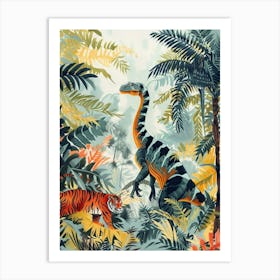 Dinosaur And A Tiger In A Tropical Rainforest Art Print