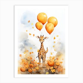 Giraffe Flying With Autumn Fall Pumpkins And Balloons Watercolour Nursery 2 Art Print