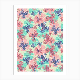 Playful Frogs On Overlapping Lily Pads In Tropical Pink And Teal Art Print