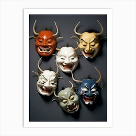 Noh Masks Japanese Style Illustration 15 Art Print